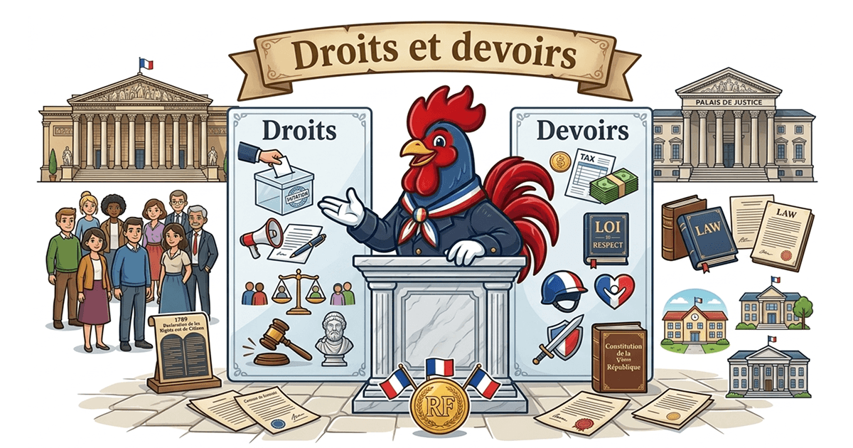 Illustration du coq gaulois présentant les droits et devoirs du citoyen avec la balance de la justice et le Palais Bourbon