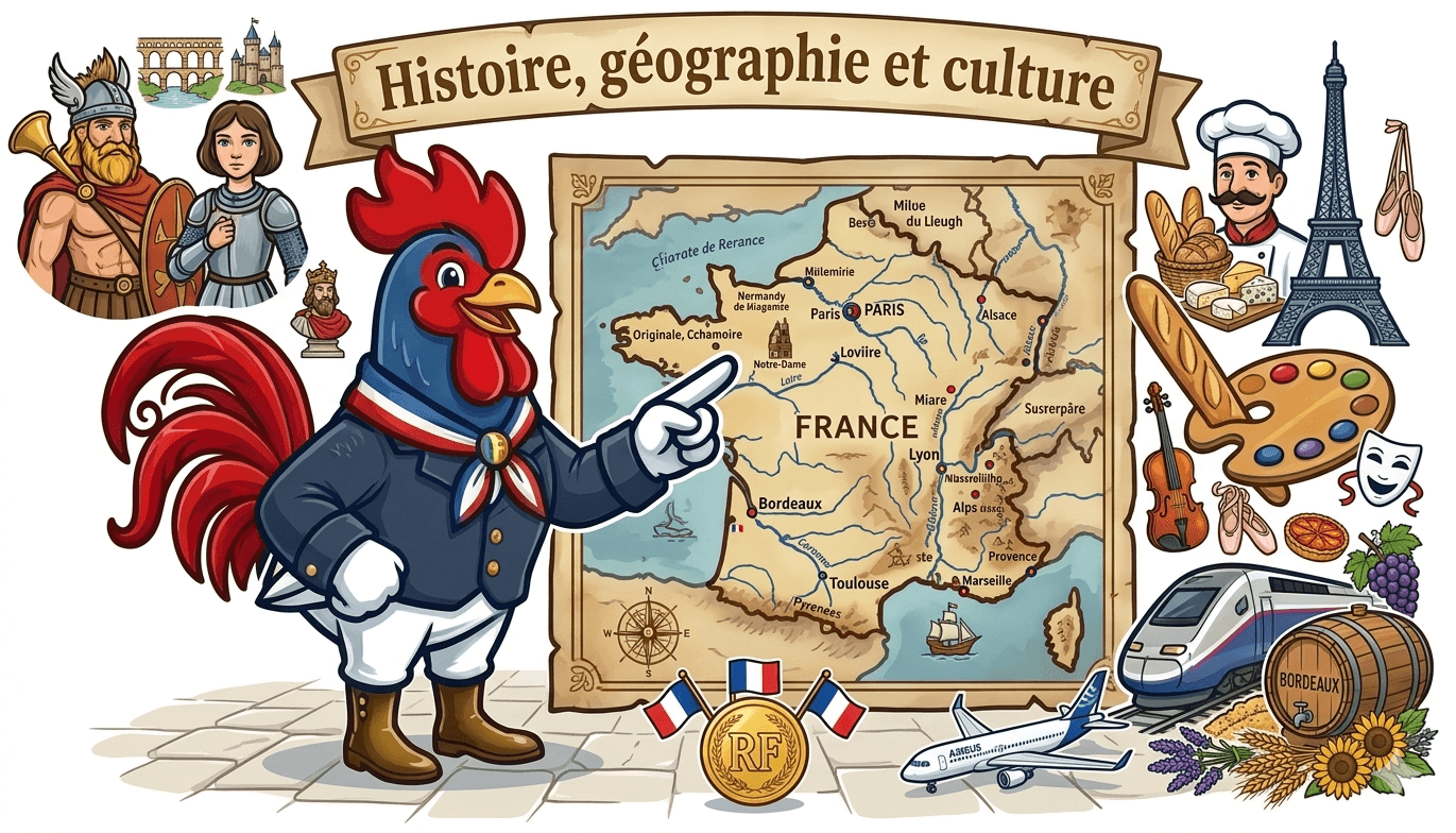 Illustration du coq gaulois présentant la carte de France avec des symboles historiques, géographiques et culturels