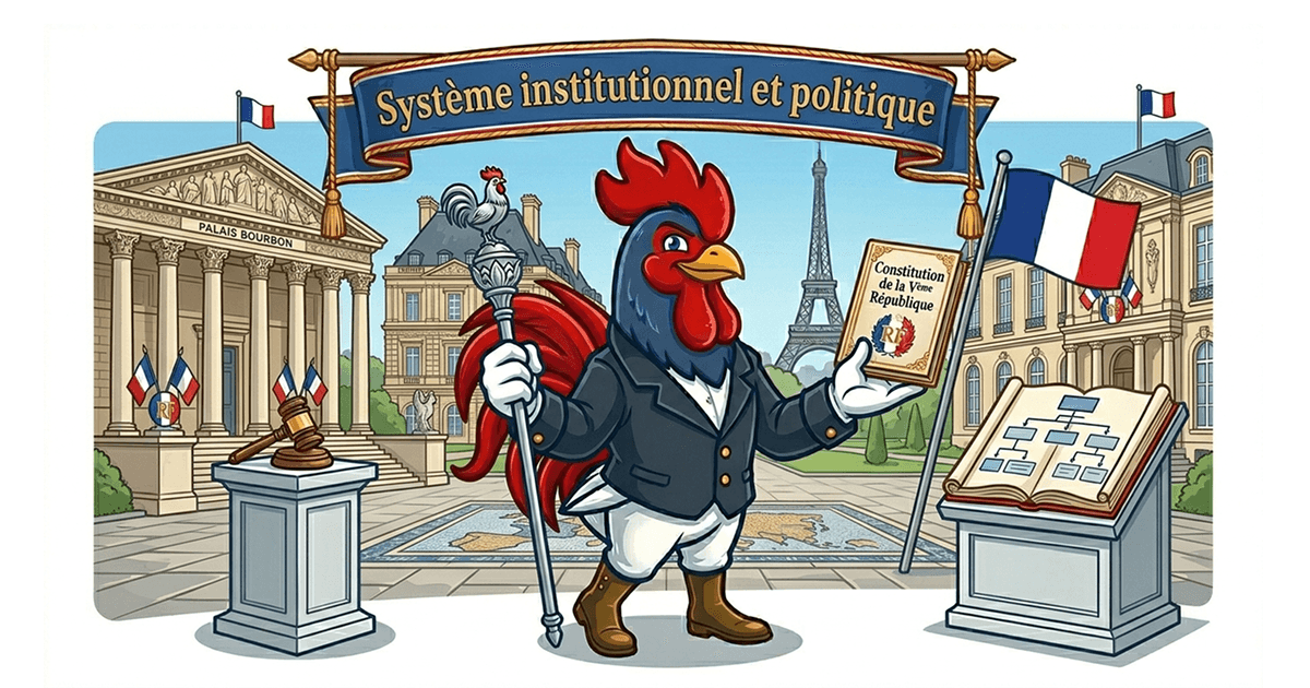 Illustration du coq gaulois devant le Palais Bourbon et l'Élysée avec la Constitution de la Ve République