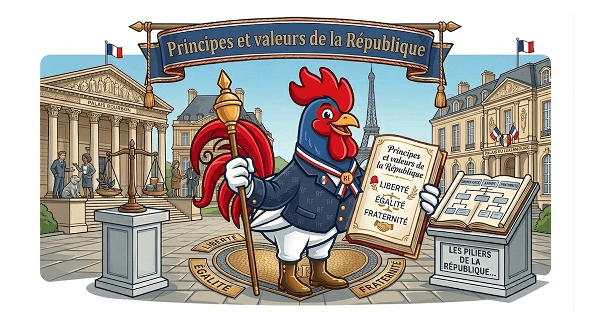 Illustration du coq gaulois tenant le livre des principes et valeurs de la République : Liberté, Égalité, Fraternité