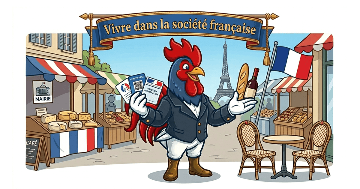 Illustration du coq gaulois dans une rue française avec carte Vitale, baguette et drapeau tricolore