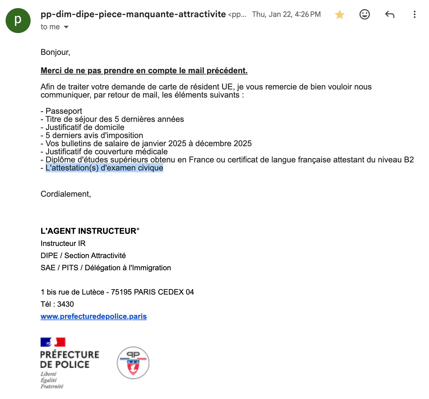Email de la préfecture demandant les pièces justificatives
