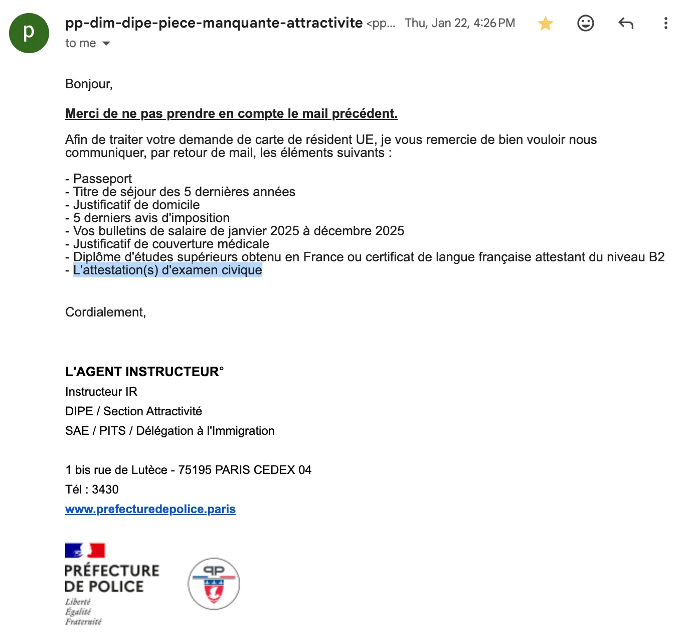 Email from the préfecture requesting supporting documents