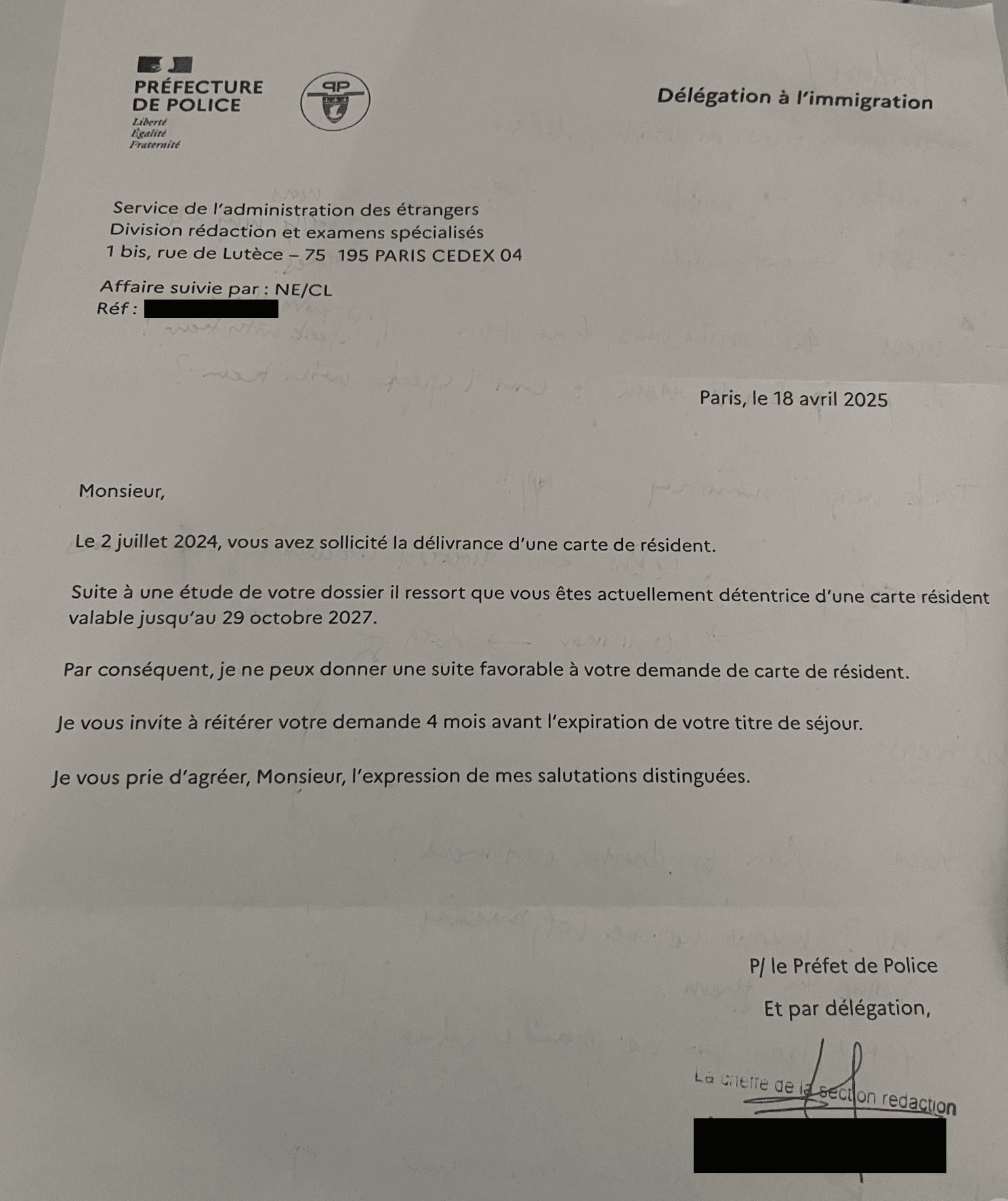 Lettre de refus de la préfecture de police de Paris