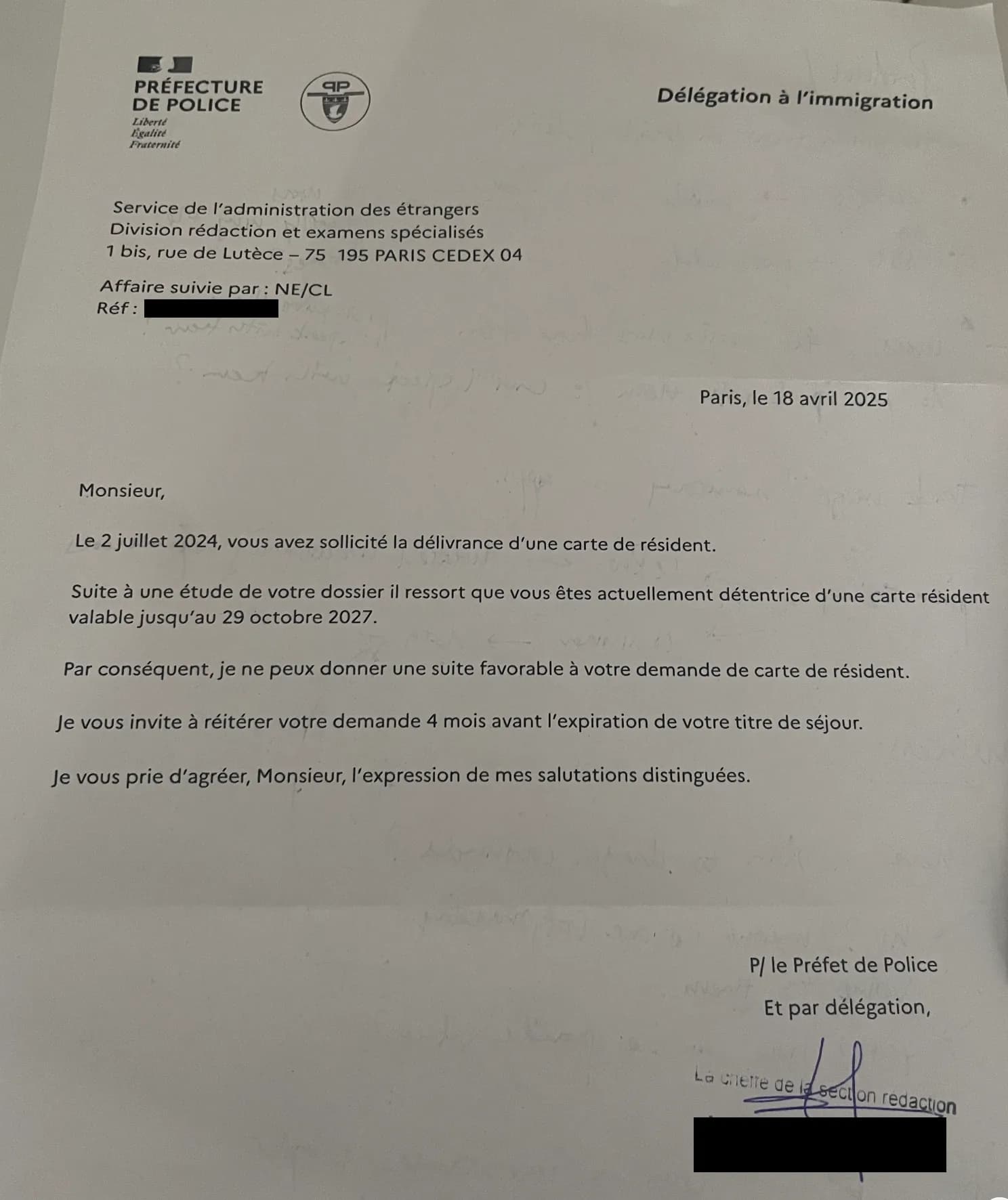 Rejection letter from the Paris police préfecture