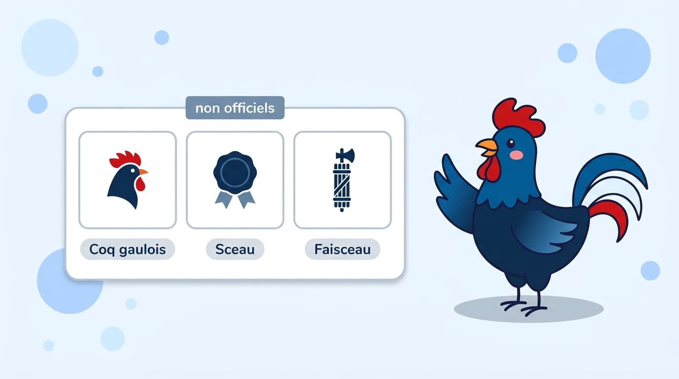 Coq gaulois, sceau de l'État et faisceau de licteur, symboles non officiels de la République